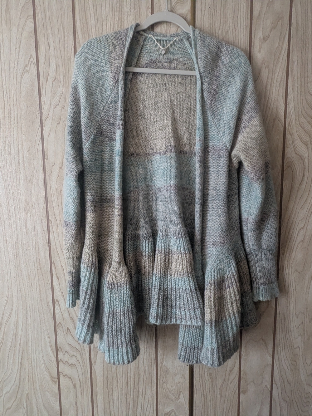 Open-Front Chunky Knit Cardigan Sweater in Sage and Taupe